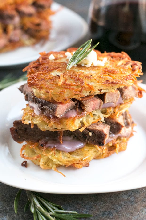 Garlic Rosemary Steak & Potato Stacks with Red Wine Blue Cheese Sauce | cakenknife.com