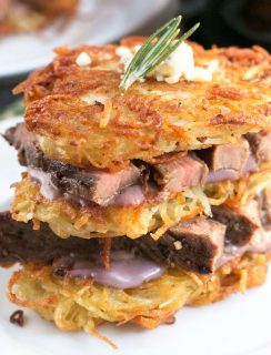 Garlic Rosemary Steak & Potato Stacks with Red Wine Blue Cheese Sauce | cakenknife.com