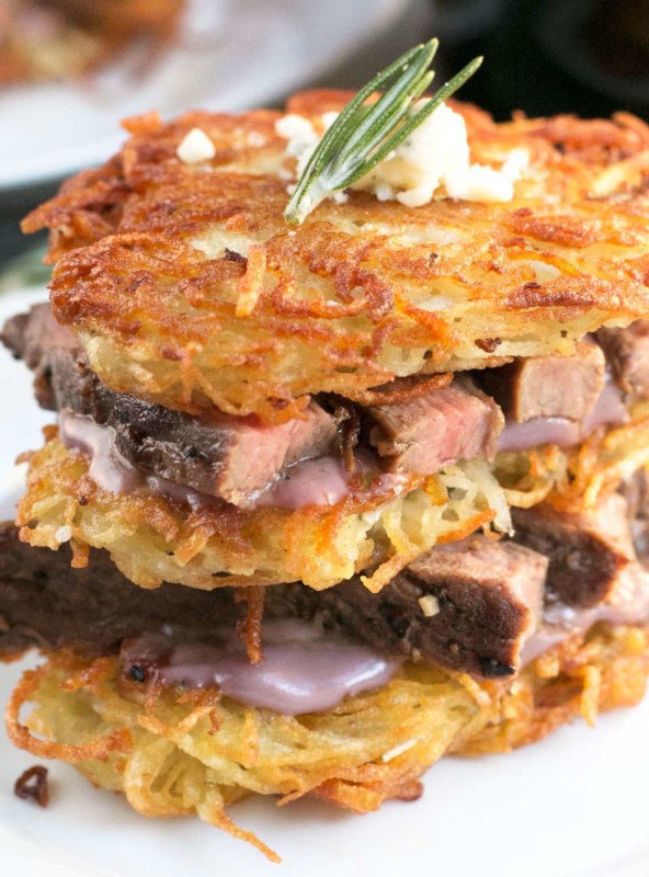 Garlic Rosemary Steak & Potato Stacks with Red Wine Blue Cheese Sauce | cakenknife.com
