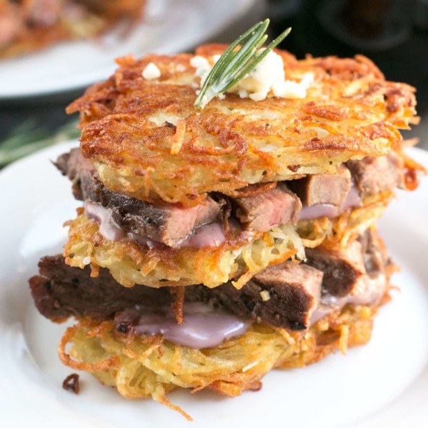 Garlic Rosemary Steak & Potato Stacks with Red Wine Blue Cheese Sauce Cake 'n Knife
