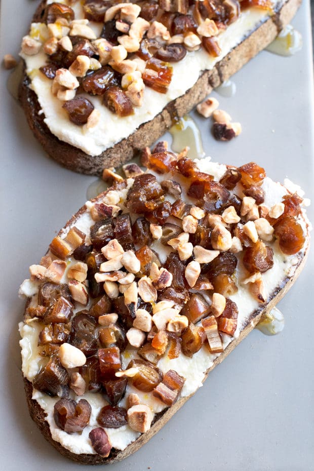 Ricotta, Date & Hazelnut Tartine with Spiced Rum Honey | cakenknife.com