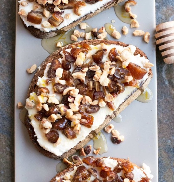 Ricotta, Date & Hazelnut Tartine with Spiced Rum Honey | cakenknife.com