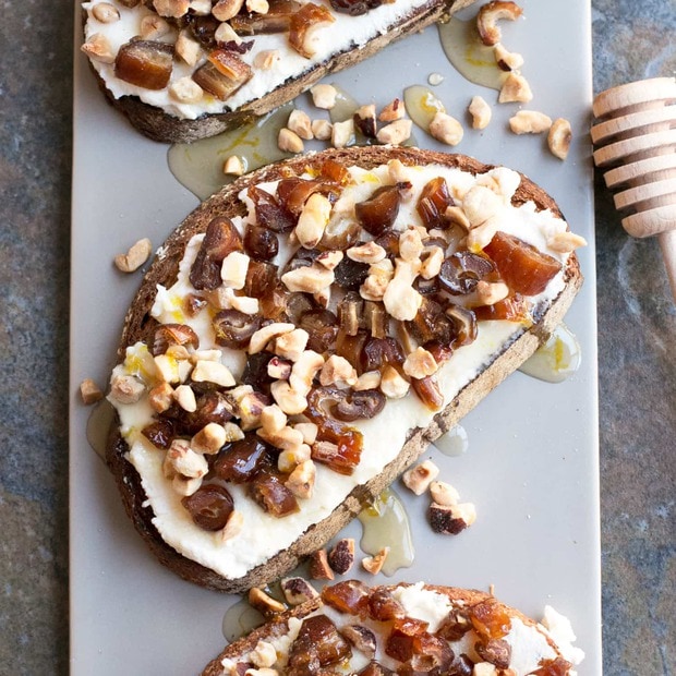 Ricotta, Date & Hazelnut Tartine with Spiced Rum Honey | cakenknife.com