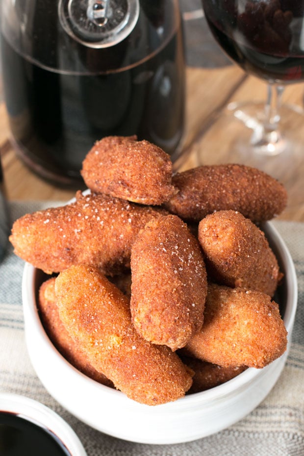 Chorizo, Cheese & Potato Croquettes with Red Wine Dipping Sauce | cakenknife.com