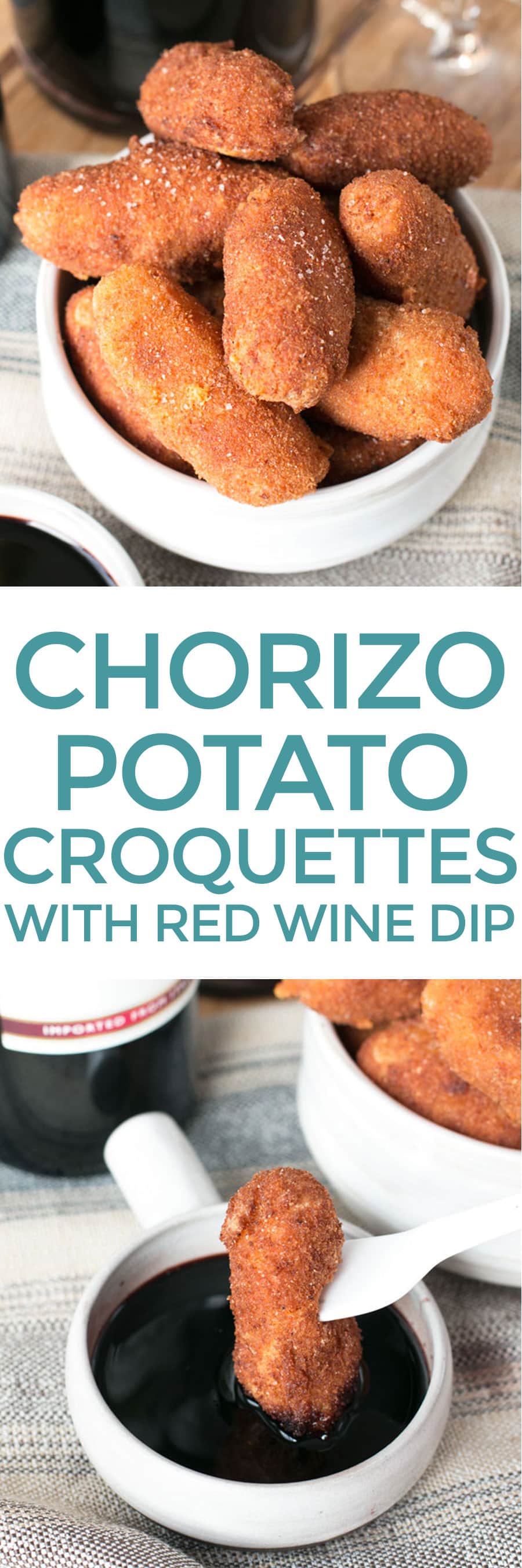 Chorizo, Cheese & Potato Croquettes with Red Wine Dipping Sauce | cakenknife.com