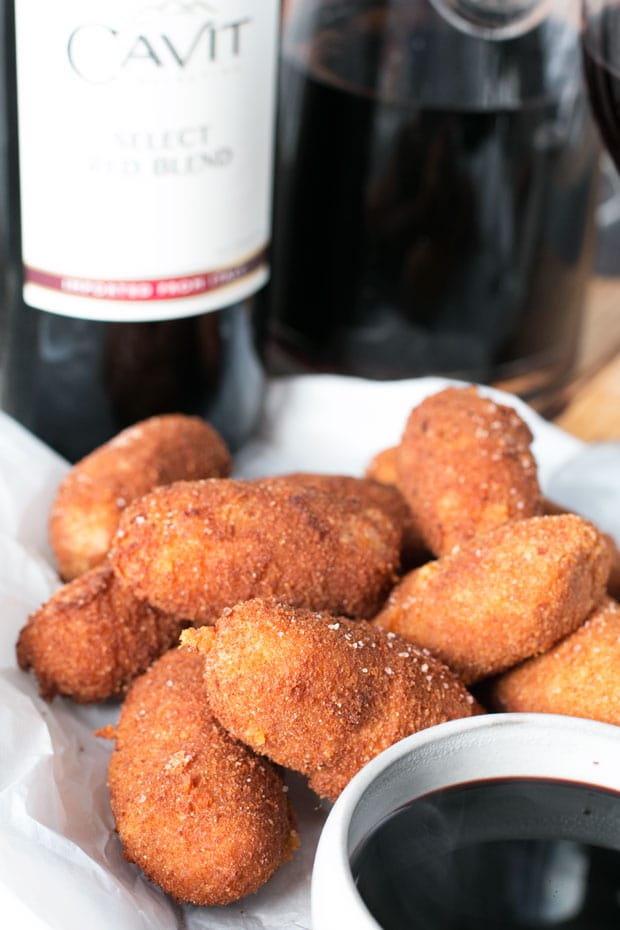 Chorizo, Cheese & Potato Croquettes with Red Wine Dipping Sauce | cakenknife.com
