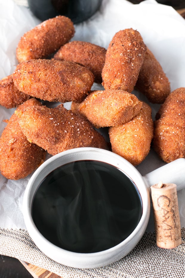 Chorizo, Cheese & Potato Croquettes with Red Wine Dipping Sauce | cakenknife.com