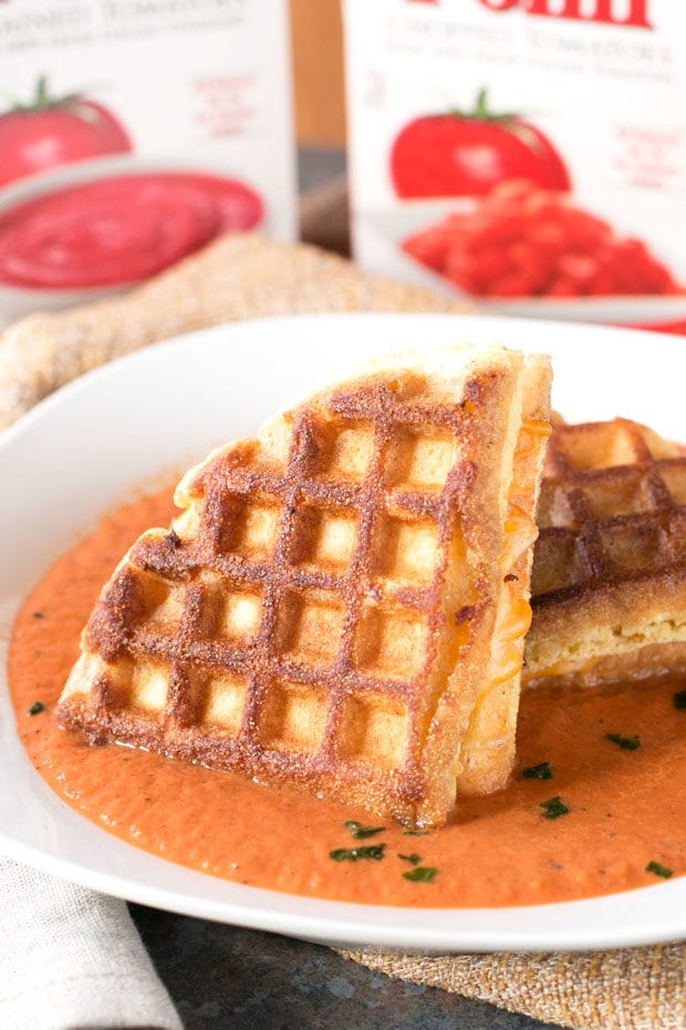 Cornbread Waffle Grilled Cheese Sandwich with Tomato Basil Soup | cakenknife.com