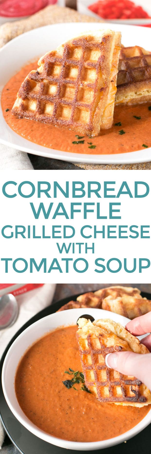 Cornbread Waffle Grilled Cheese Sandwich with Tomato Basil Soup | cakenknife.com