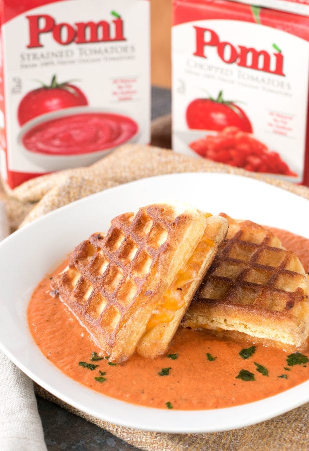 Cornbread Waffle Grilled Cheese Sandwich with Tomato Basil Soup | cakenknife.com