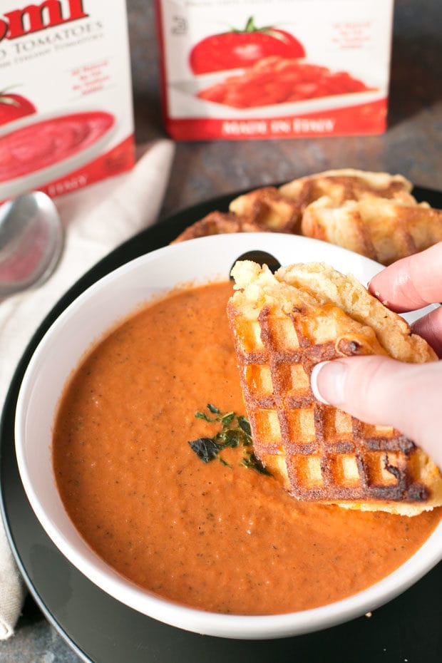 Cornbread Waffle Grilled Cheese Sandwich with Tomato Basil Soup | cakenknife.com