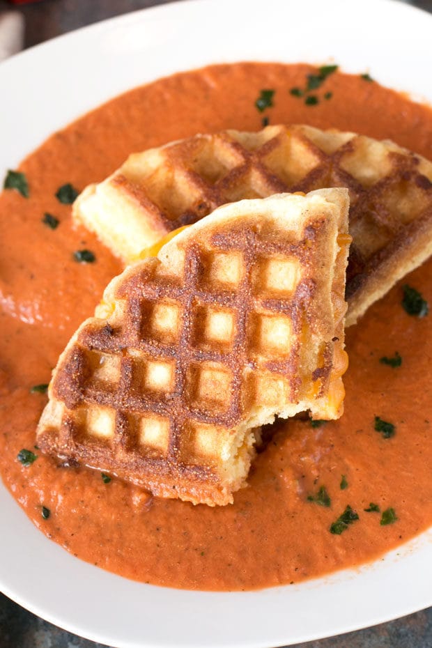 Cornbread Waffle Grilled Cheese Sandwich with Tomato Basil Soup | cakenknife.com