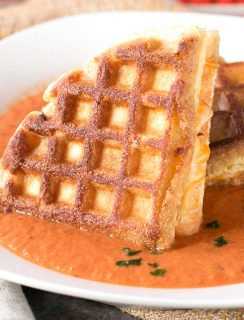Cornbread Waffle Grilled Cheese Sandwich with Tomato Basil Soup | cakenknife.com