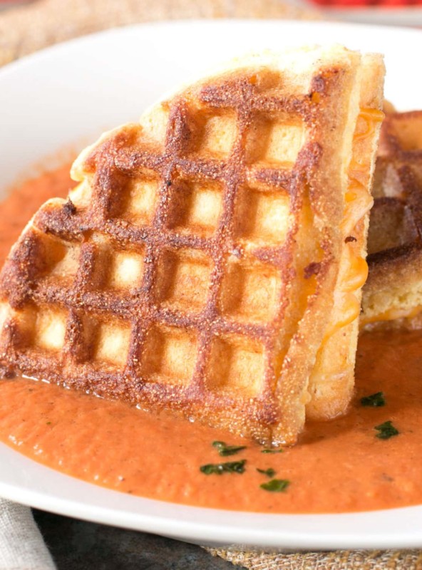 Cornbread Waffle Grilled Cheese Sandwich with Tomato Basil Soup | cakenknife.com