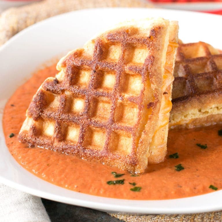 Cornbread Waffle Grilled Cheese Sandwich with Tomato Basil Soup | cakenknife.com