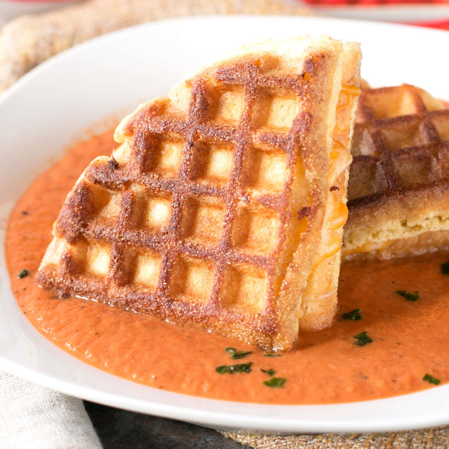 Cornbread Waffle Grilled Cheese Sandwich with Tomato Basil Soup | cakenknife.com
