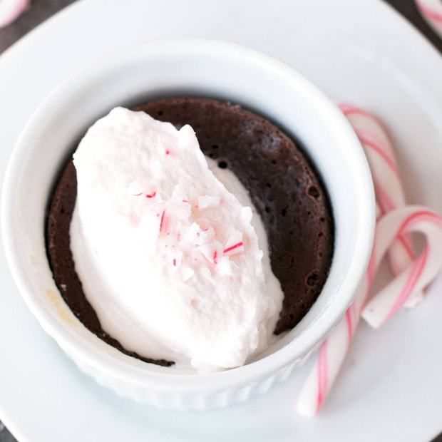 Gooey Dark Chocolate Cakes with Peppermint Crunch Whipped Cream | cakenknife.com