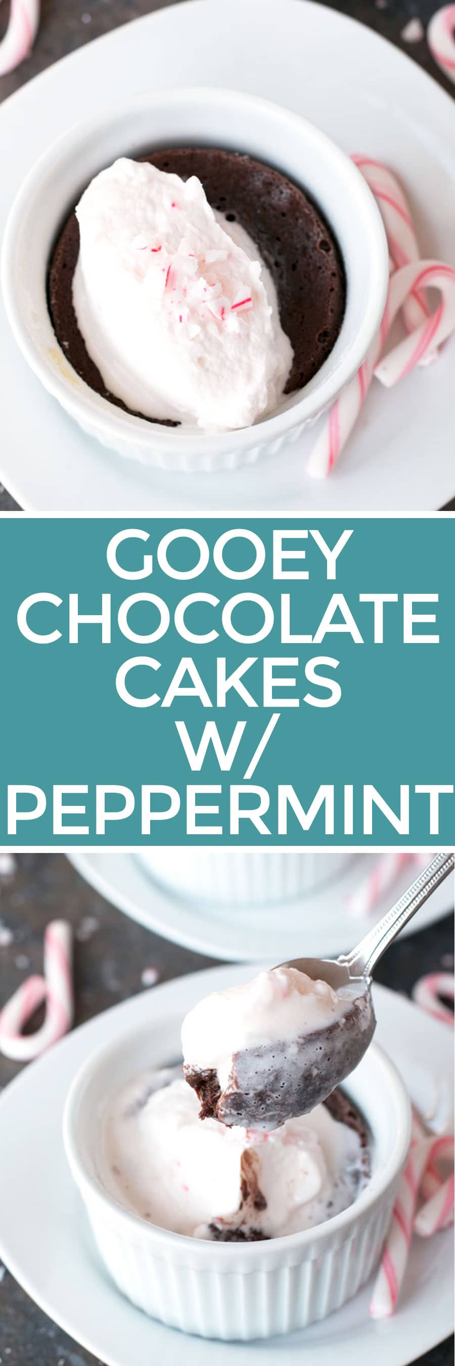 Gooey Dark Chocolate Cakes with Peppermint Crunch Whipped Cream | cakenknife.com