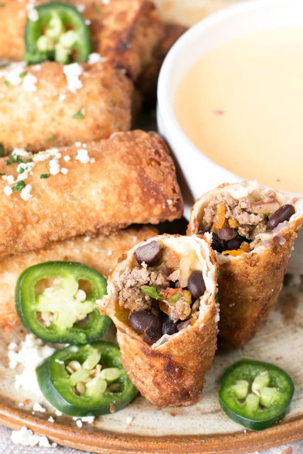 Loaded Nacho Egg Rolls with Queso Dip | cakenknife.com