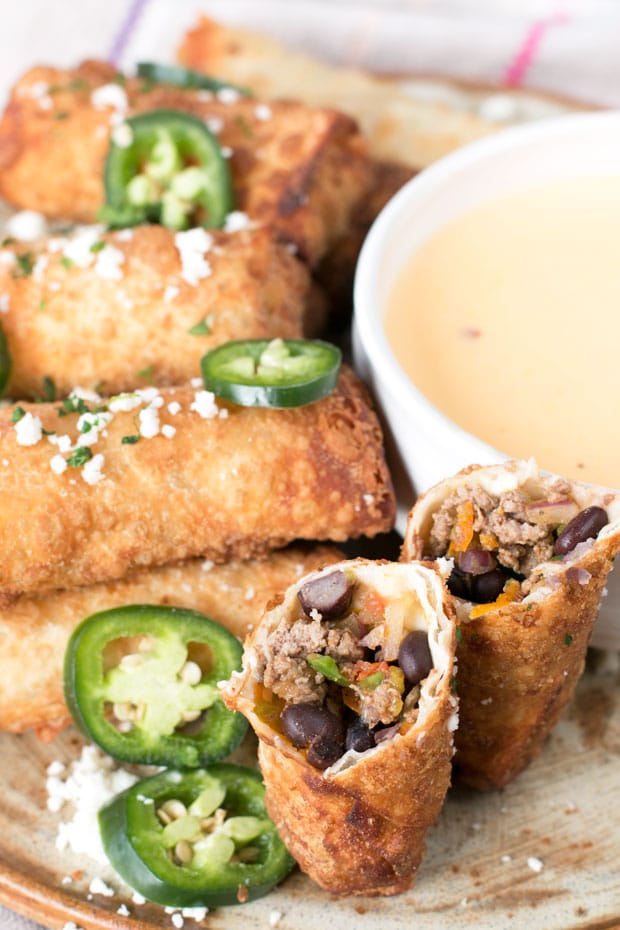 Loaded Nacho Egg Rolls with Queso Dip | cakenknife.com