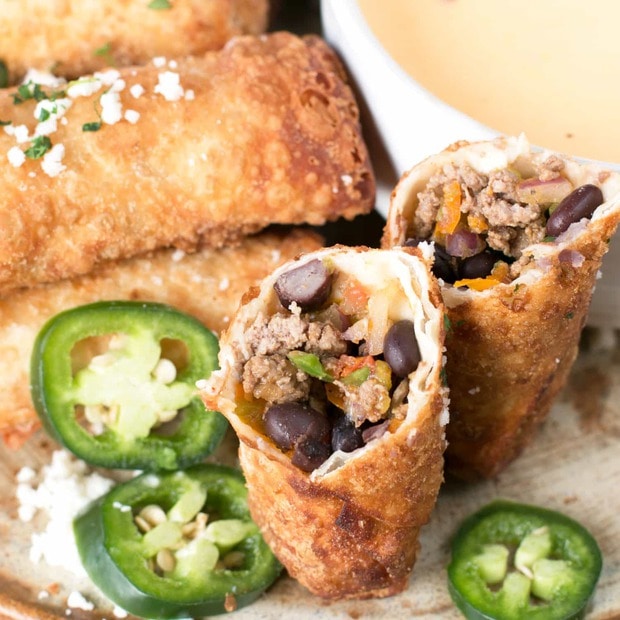 Loaded Nacho Egg Rolls with Queso Dip | cakenknife.com