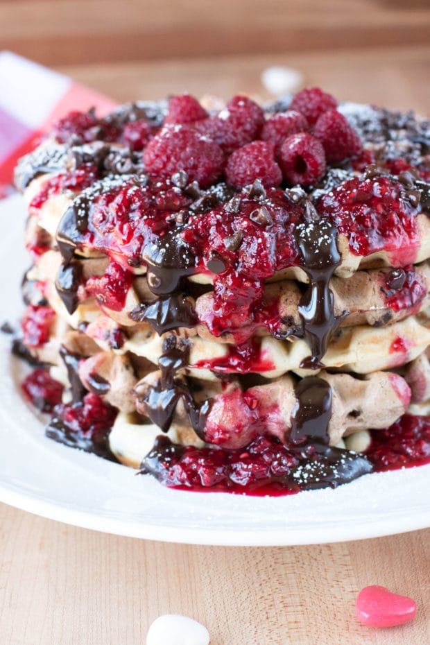 Double Chocolate Chip Raspberry Waffles | cakenknife.com #brunch #breakfast