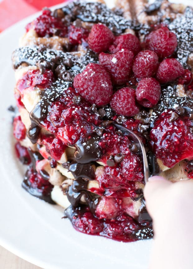 Double Chocolate Chip Raspberry Waffles | cakenknife.com #brunch #breakfast