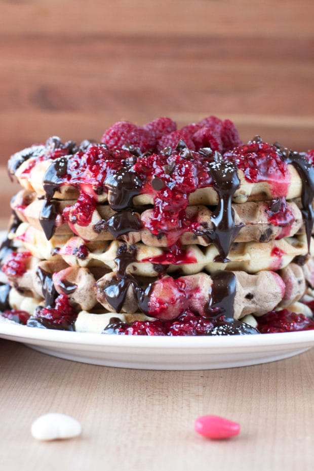 Double Chocolate Chip Raspberry Waffles | cakenknife.com #brunch #breakfast