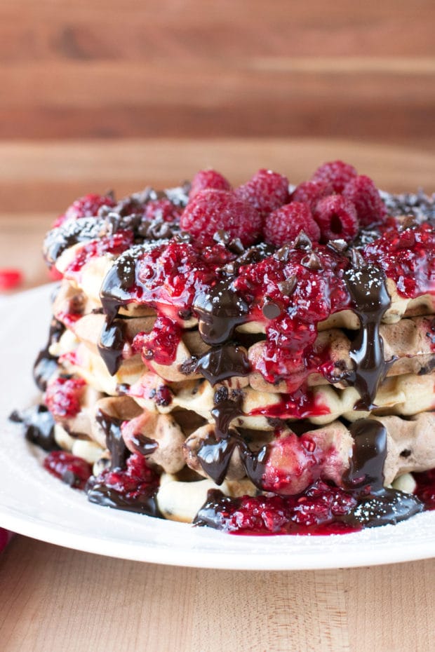 Double Chocolate Chip Raspberry Waffles | cakenknife.com #brunch #breakfast