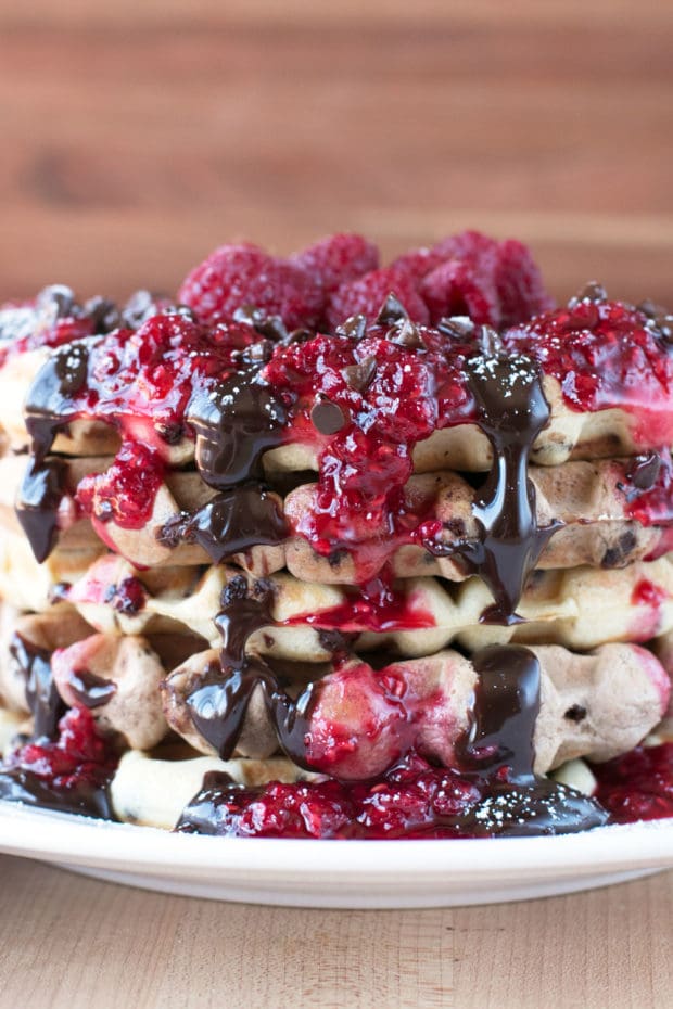 Double Chocolate Chip Raspberry Waffles | cakenknife.com #brunch #breakfast