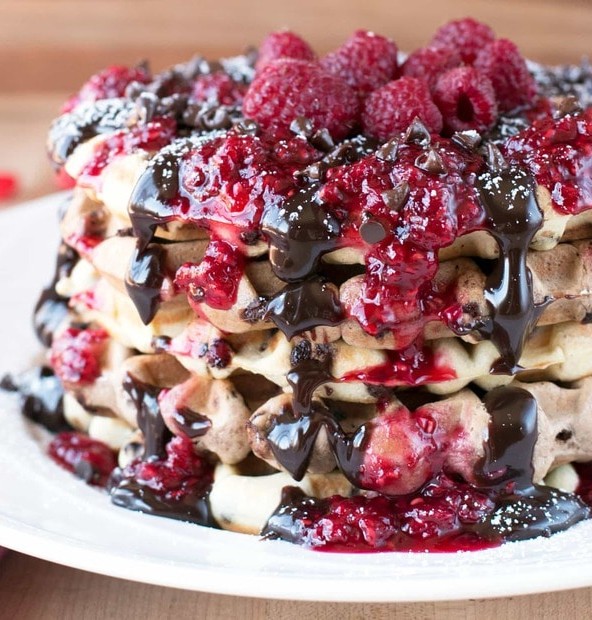 Double Chocolate Chip Raspberry Waffles | cakenknife.com #brunch #breakfast