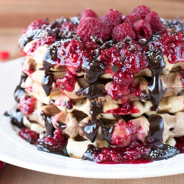 Double Chocolate Chip Raspberry Waffles | cakenknife.com #brunch #breakfast