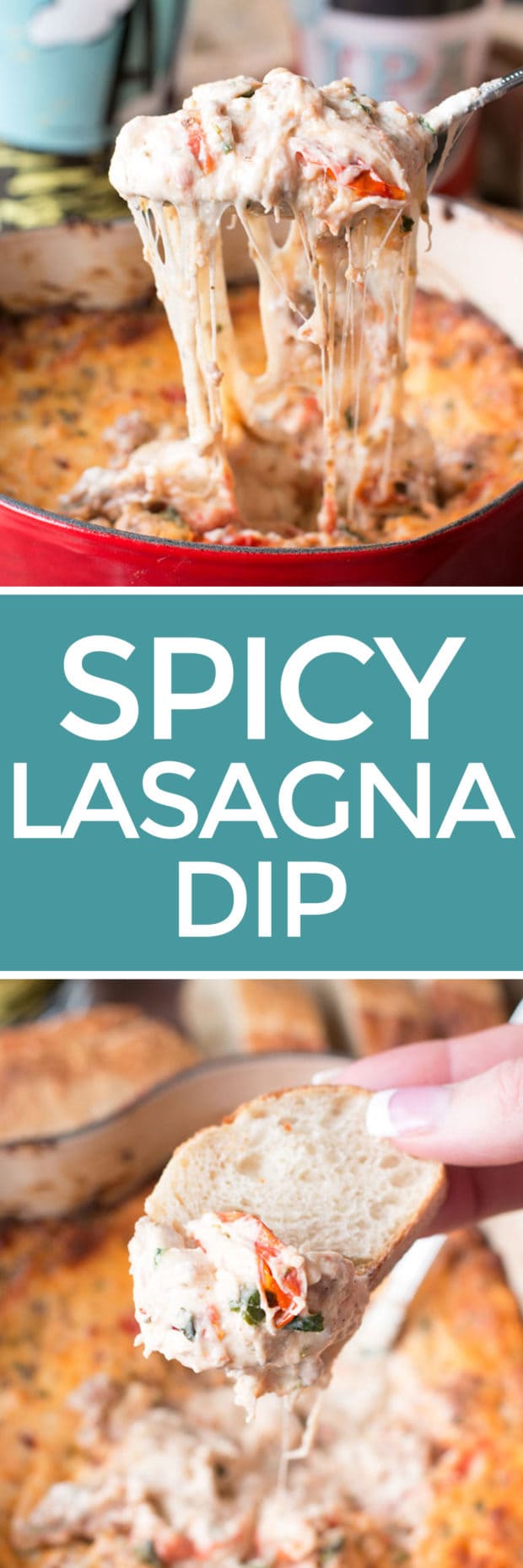 Spicy Lasagna Dip is packed with tomatoes, cheese, herbs and spicy Italian sausage. You won't miss the noodles at all! | cakenknife.com