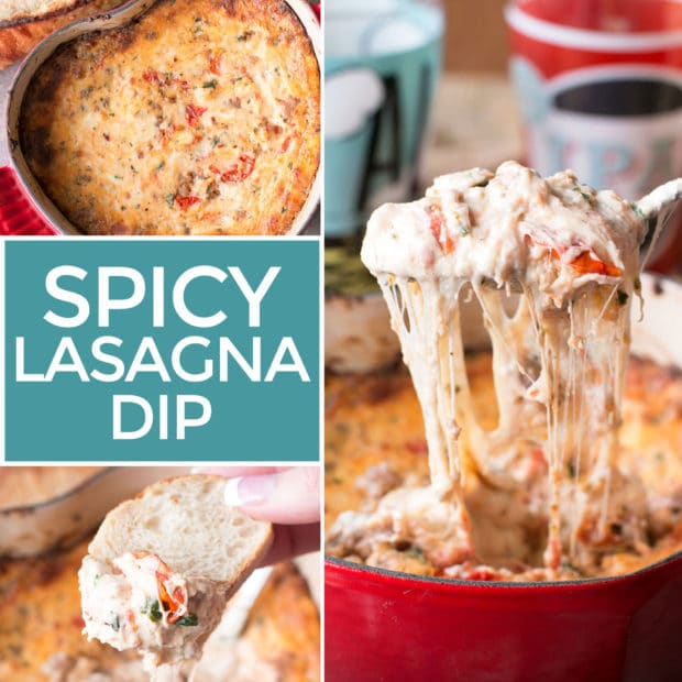 Spicy Lasagna Dip is packed with tomatoes, cheese, herbs and spicy Italian sausage. You won't miss the noodles at all! | cakenknife.com