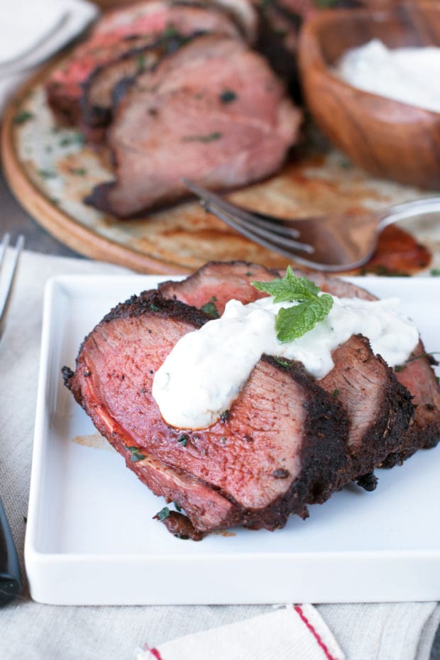 Ancho Chili Rubbed Leg of Lamb with Mint Yogurt Sauce | cakenknife.com #Easter #dinner