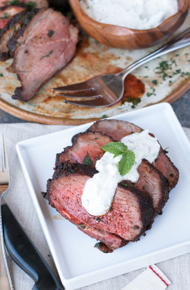 Ancho Chili Rubbed Leg of Lamb with Mint Yogurt Sauce | cakenknife.com #Easter #dinner