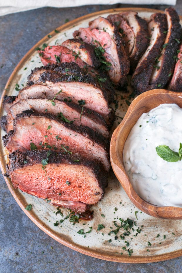 Ancho Chili Rubbed Leg of Lamb with Mint Yogurt Sauce | cakenknife.com #Easter #dinner