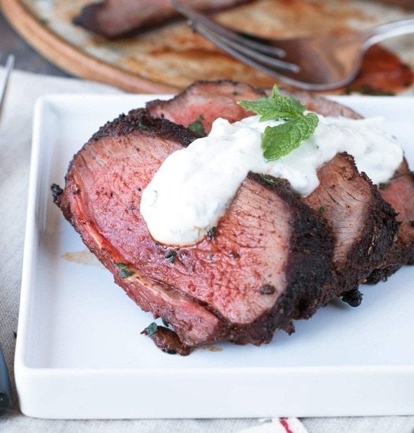 Ancho Chili Rubbed Leg of Lamb with Mint Yogurt Sauce | cakenknife.com #Easter #dinner