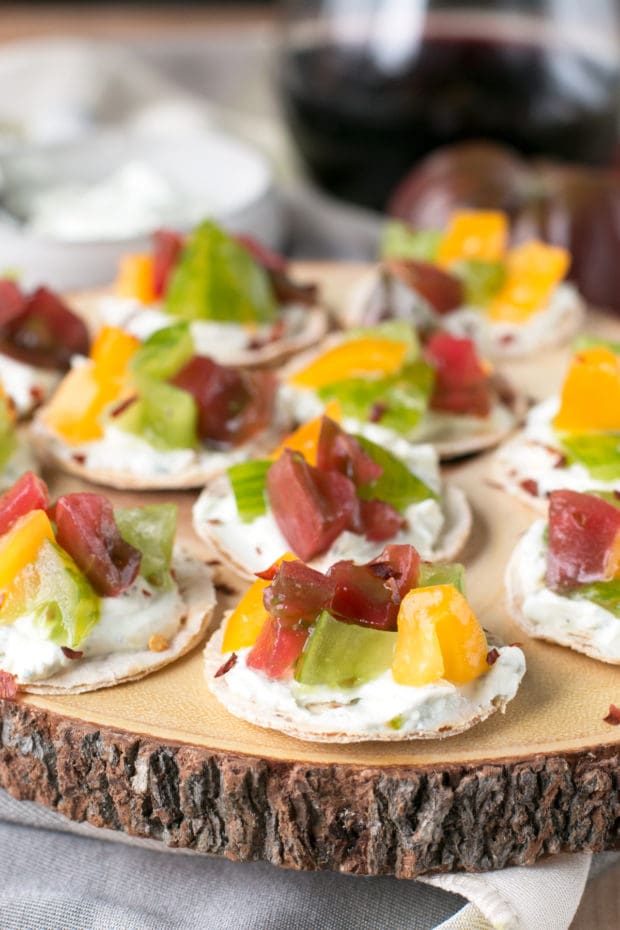 Spicy Heirloom Tomato Whipped Herb Goat Cheese Bites | cakenknife.com #appetizer #cheese