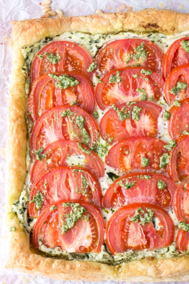 Roasted Tomato, Whipped Herb Ricotta & Watercress Pesto Tart | cakenknife.com #summer #appetizer #easy