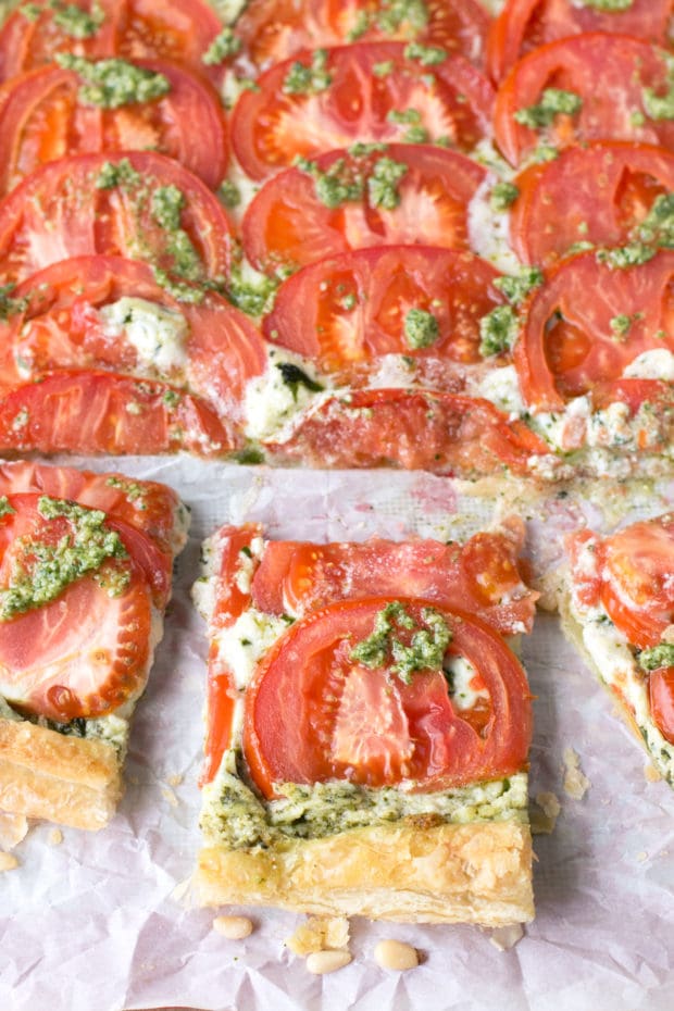 Roasted Tomato, Whipped Herb Ricotta & Watercress Pesto Tart | cakenknife.com #summer #appetizer #easy