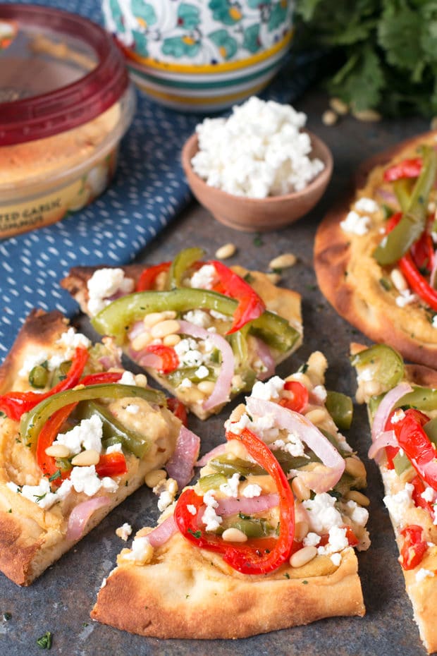 Garlic Hummus & Roasted Vegetable Grilled Flatbread | cakenknife.com #unofficialmeal #appetizer #grilling