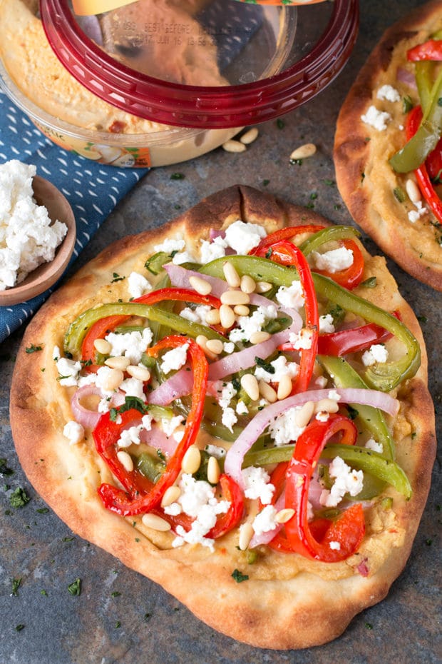 Garlic Hummus & Roasted Vegetable Grilled Flatbread | cakenknife.com #unofficialmeal #appetizer #grilling