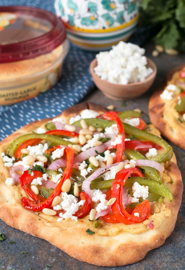 Garlic Hummus & Roasted Vegetable Grilled Flatbread | cakenknife.com #unofficialmeal #appetizer #grilling