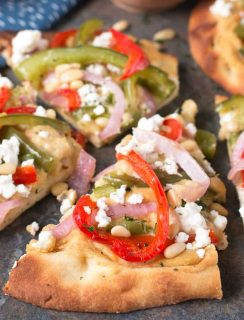 Garlic Hummus & Roasted Vegetable Grilled Flatbread | cakenknife.com #unofficialmeal #appetizer #grilling