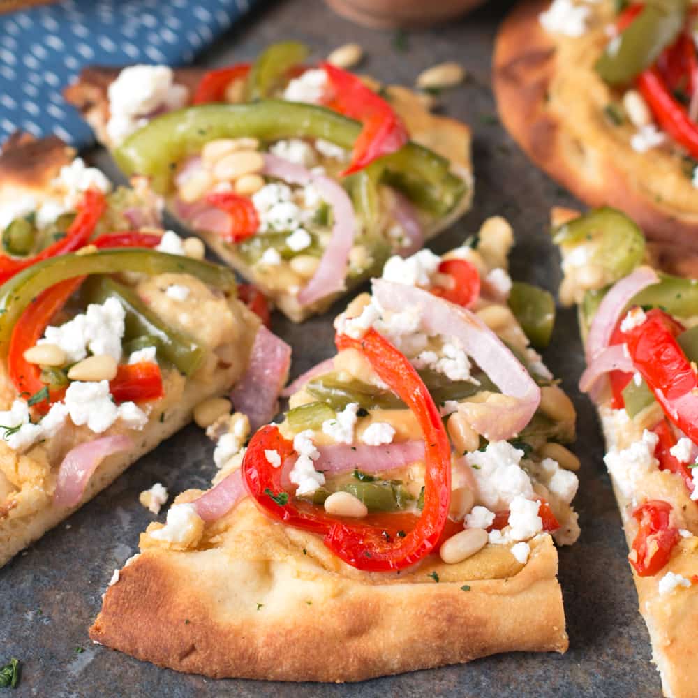 Garlic Hummus & Roasted Vegetable Grilled Flatbread | cakenknife.com #unofficialmeal #appetizer #grilling