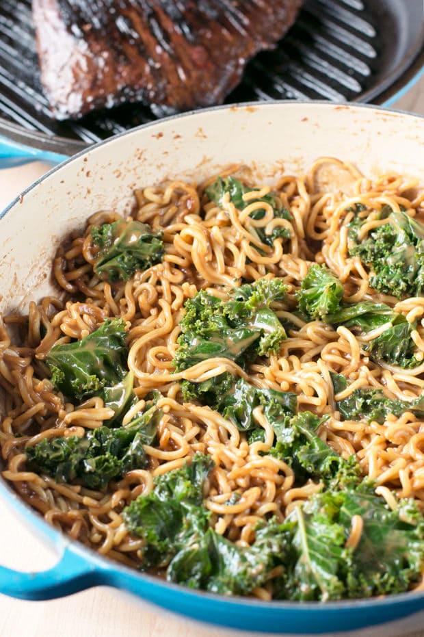 Soy Marinated Flank Steak with Creamy Kale Peanut Noodles | cakenknife.com #dinner #datenight #pasta #steak