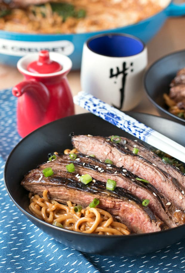 Soy Marinated Flank Steak with Creamy Kale Peanut Noodles | cakenknife.com #dinner #datenight #pasta #steak