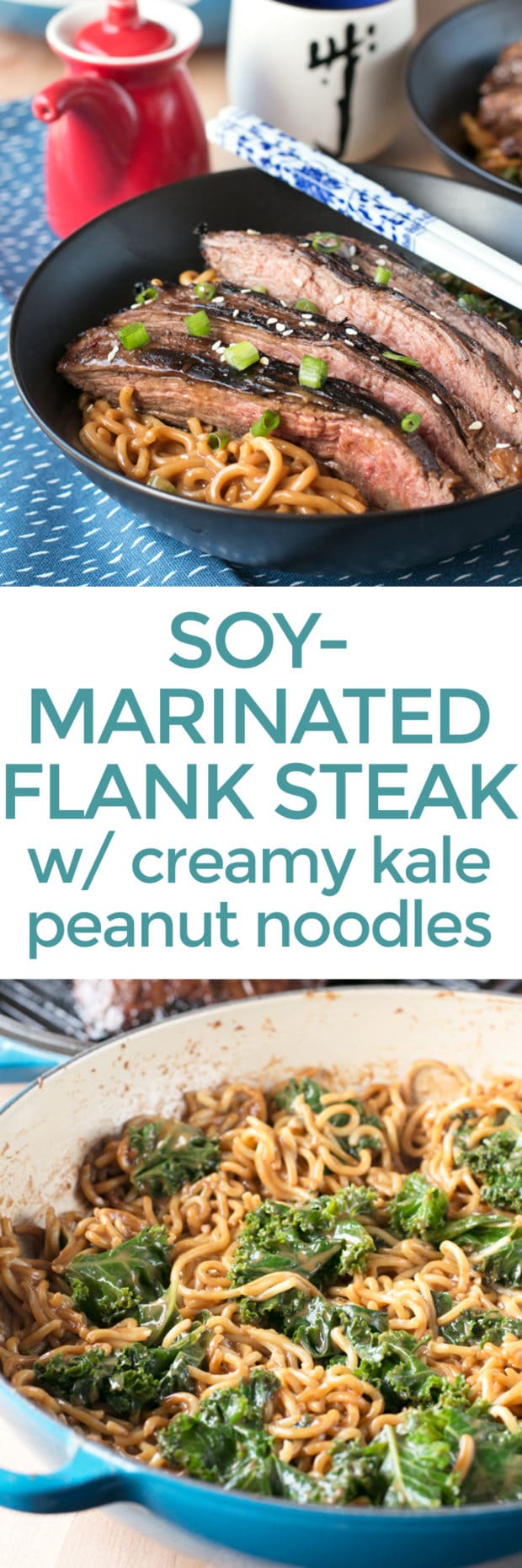 Soy Marinated Flank Steak with Creamy Kale Peanut Noodles | cakenknife.com #dinner #datenight #pasta #steak