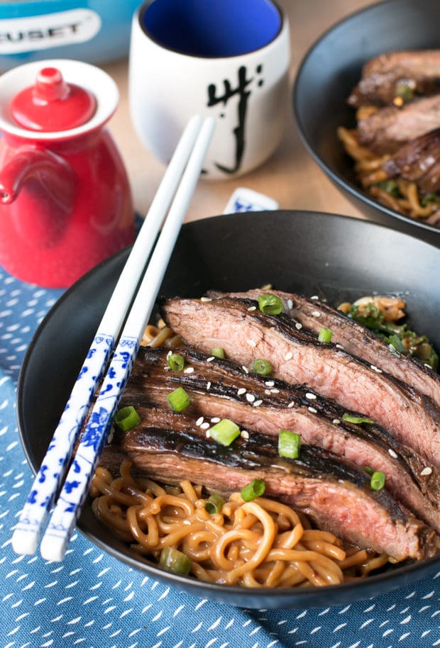 Soy Marinated Flank Steak with Creamy Kale Peanut Noodles | cakenknife.com #dinner #datenight #pasta #steak